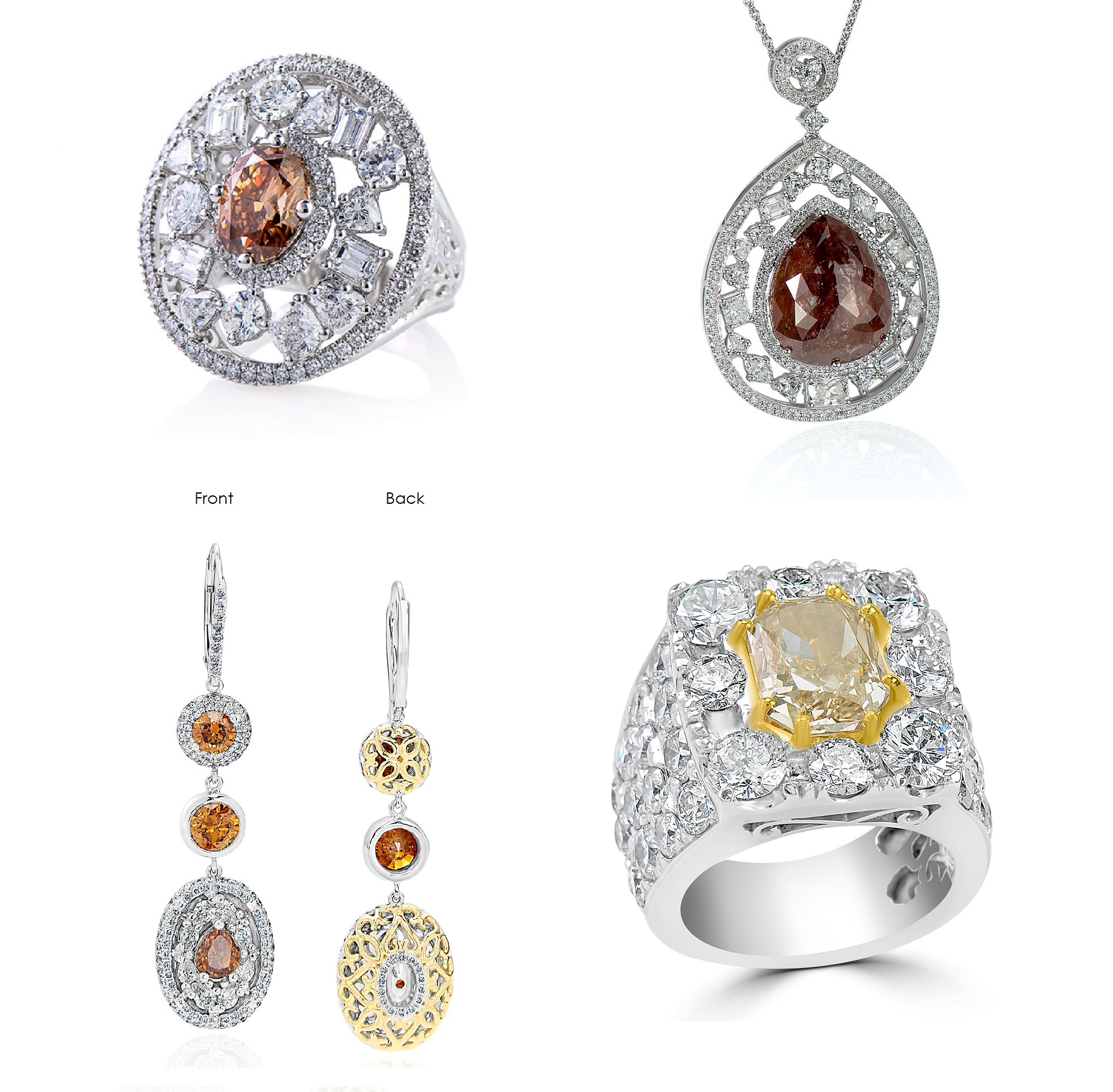 Mixed Brown & Orange Diamond Ring, Pendant, Gent’s Ring & Earrings Set (55.47ct TW)