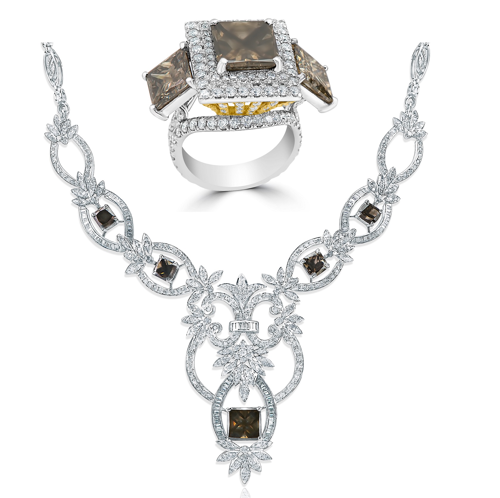 Fancy Dark Grayish Yellow Green Diamond Ring & Necklace Set (30.62ct TW)