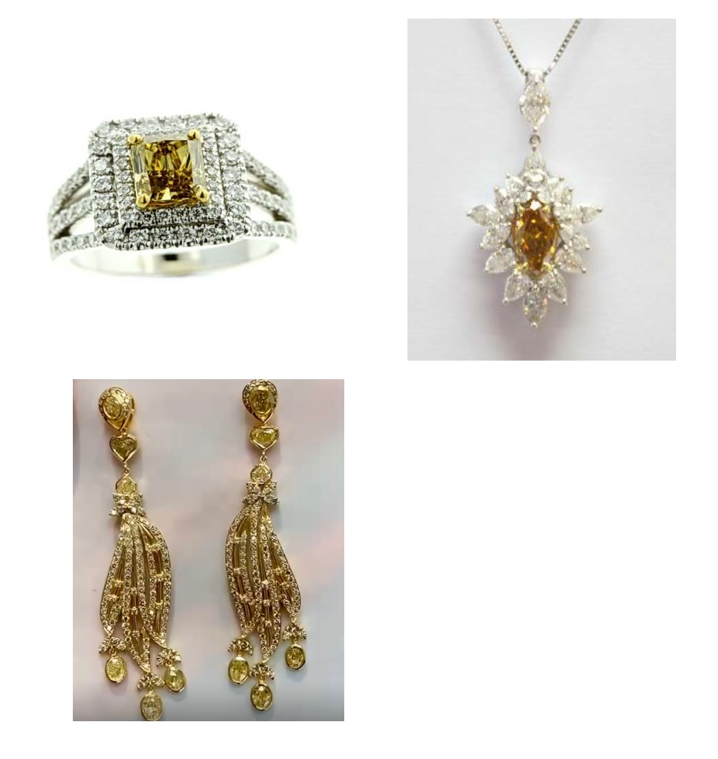 Mixed Yellow, & Orangy Yellow Diamond Ring, Pendant & Earrings Set