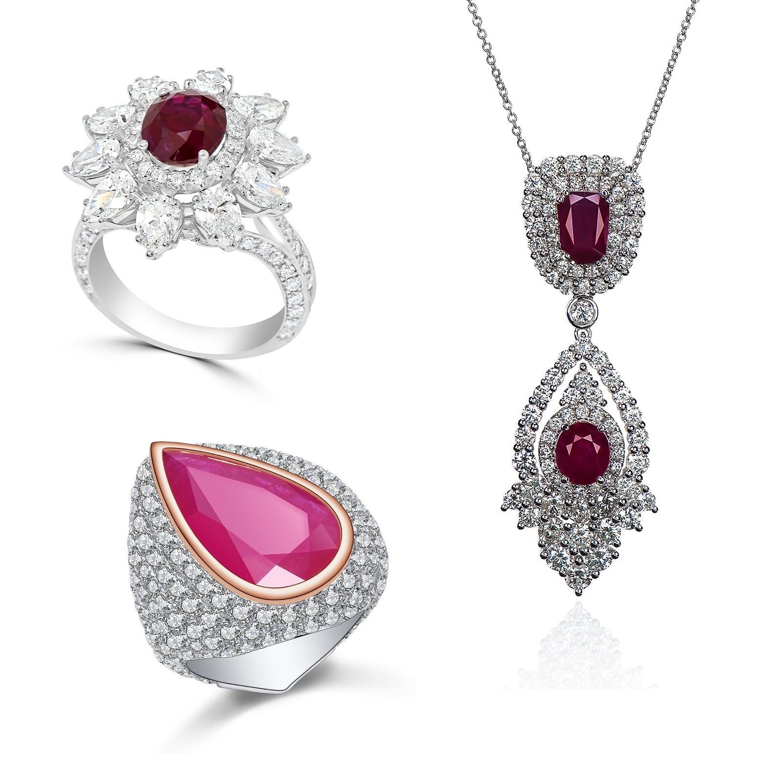 Gent’s Ruby & Diamond Ring with Lady’s Ruby & Diamond Ring & Pendant Set (32.36ct TW)