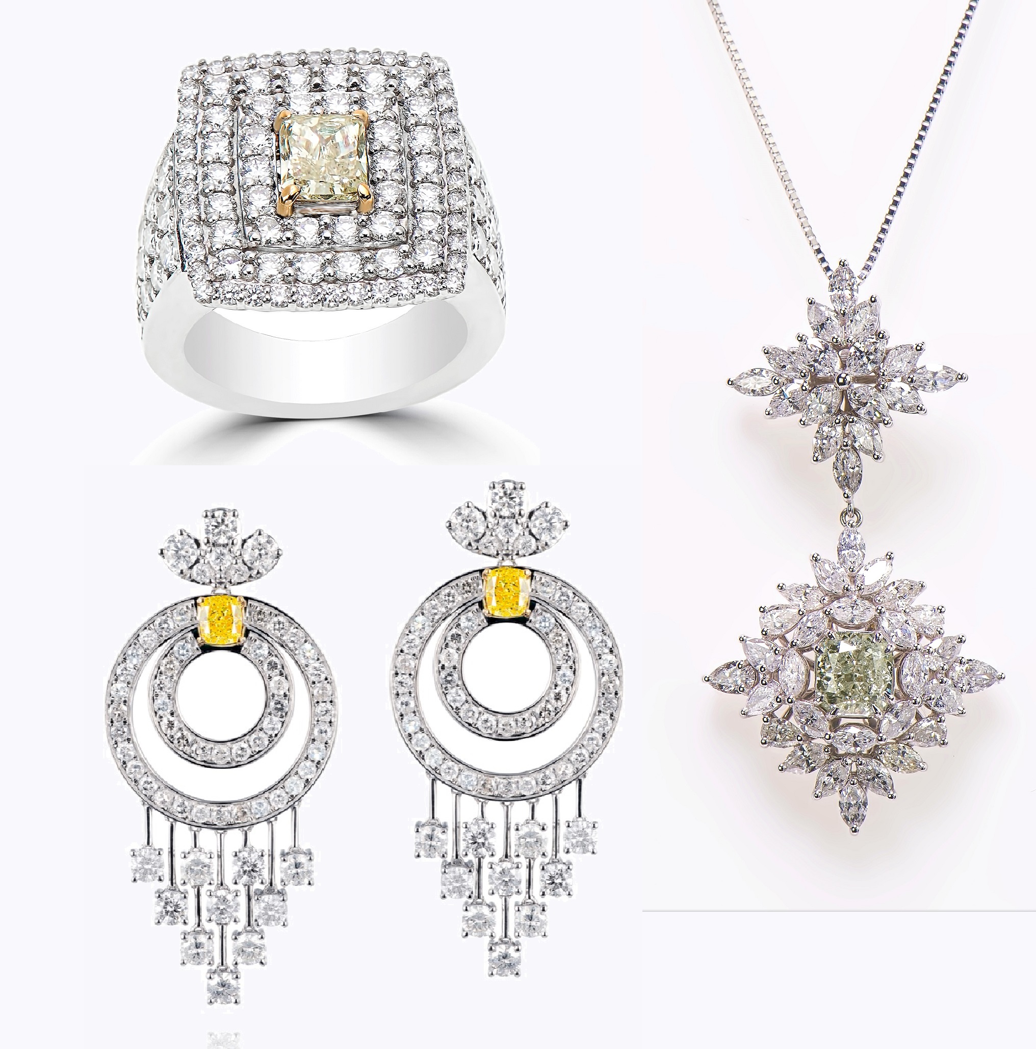 Fancy Light Yellowish Green Diamond Ring, Light Green Diamond Pendant & Intense Yellow Diamond Earrings Set (19.40ct TW)