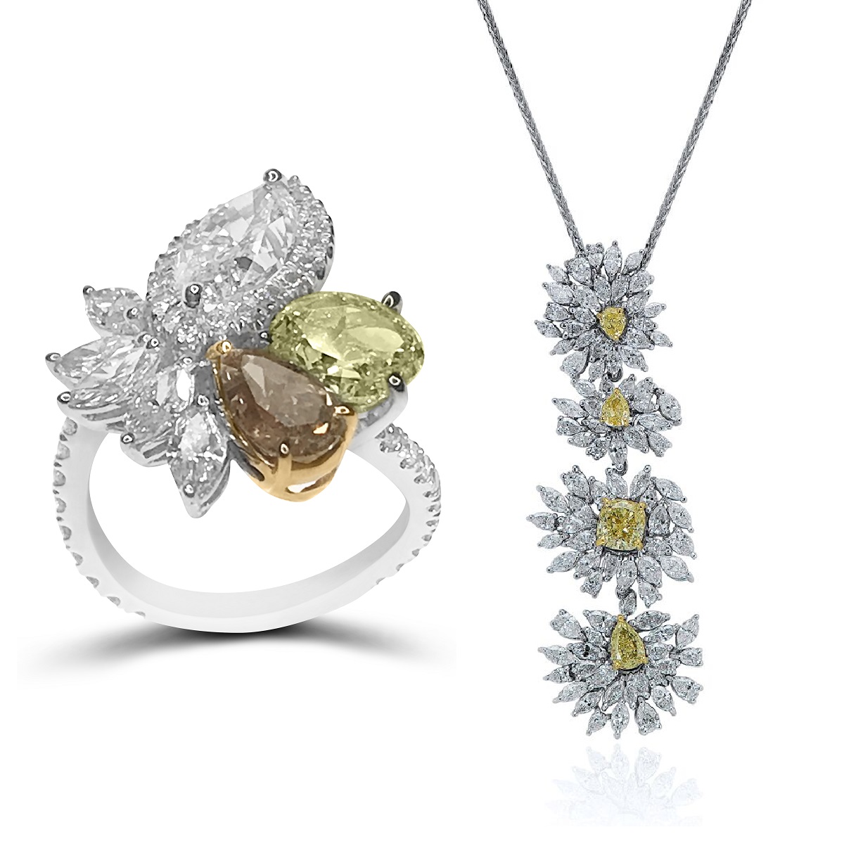 Mixed Fancy & Fancy Light Yellow Diamond Ring & Pendant Set (13.72ct TW)