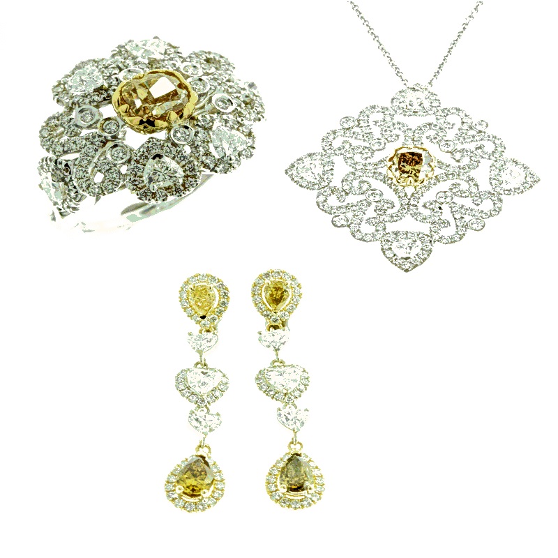 Mixed Fancy Orange Brown & Brownish Orangy Yellow Diamond Ring, Necklace & Earrings Set (10.59ct TW)