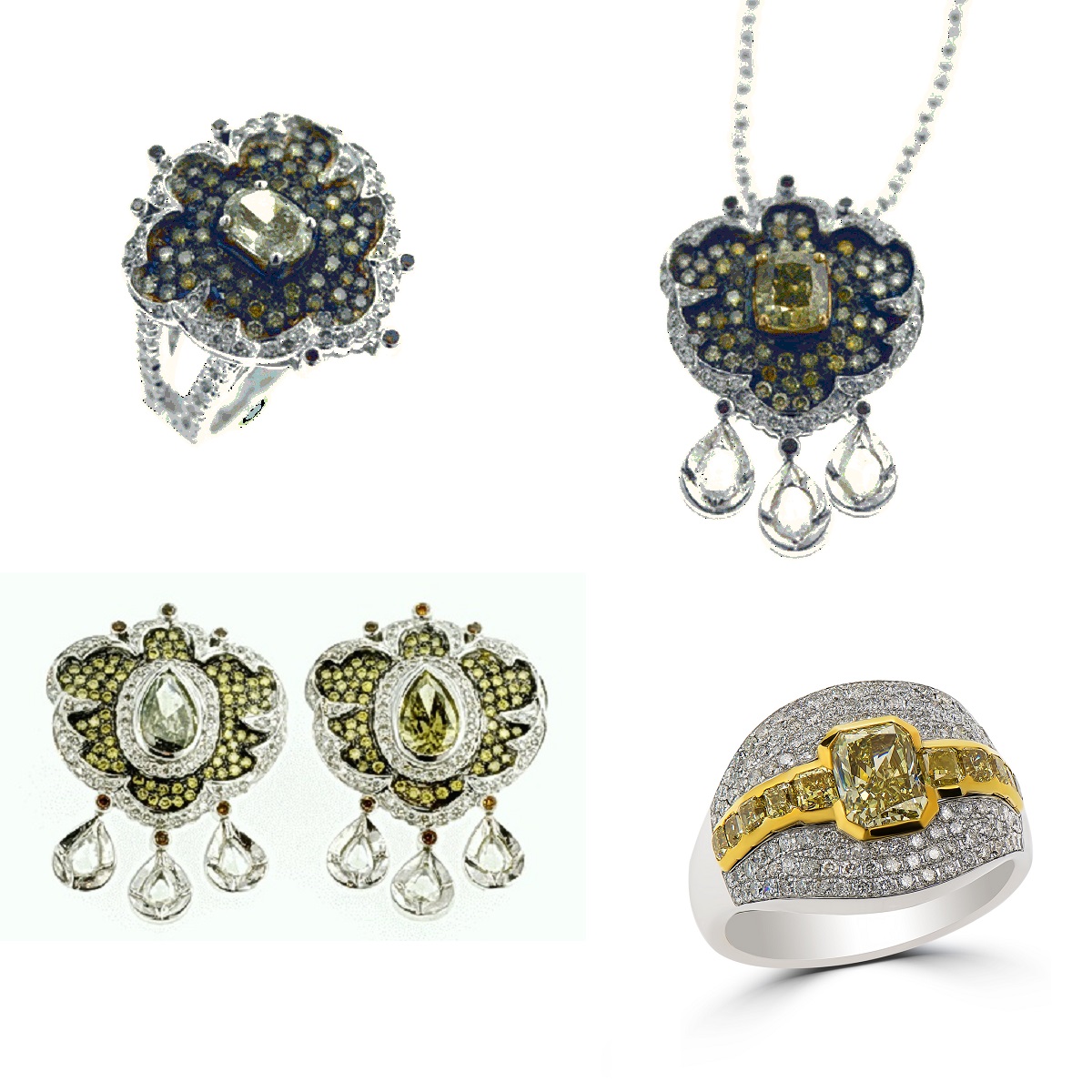 Fancy Vivid / Intense Greenish Yellow Lady’s & Gent’s Diamond Rings & Pendant with CHAMELEON Diamond Earrings (15.15ct TW)